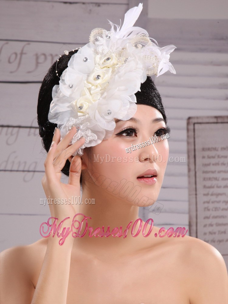 Hair Accessories For Brides Bud Silk Yarn Feather With Pearls and Beading Embellishment