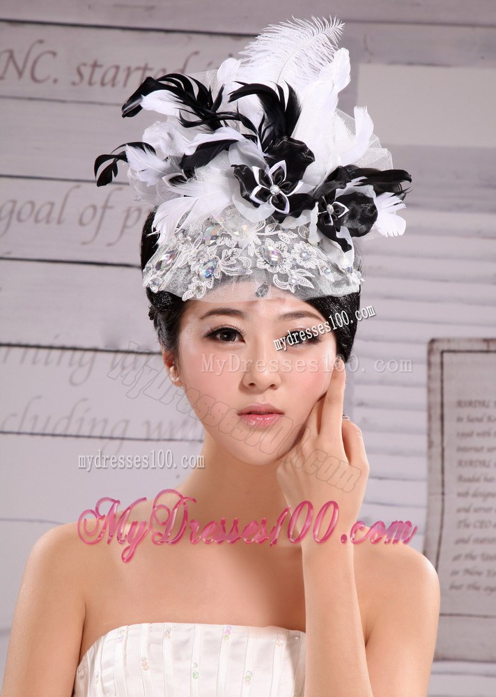 Headpieces Feather Net Yarn Fashion Hat Pearl With White and Black