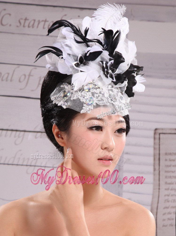Headpieces Feather Net Yarn Fashion Hat Pearl With White and Black