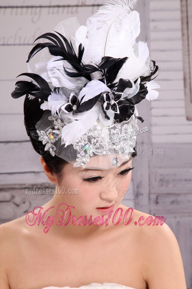 Headpieces Feather Net Yarn Fashion Hat Pearl With White and Black