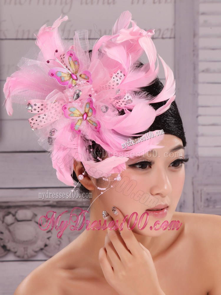 Imitation Pearls and Feather Decorate Tulle and Printing Fabric Headpices For Speciral Occasion Party