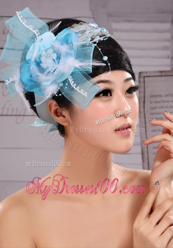 Light Blue Sweet Tulle Beading Feather Fascinator For Party