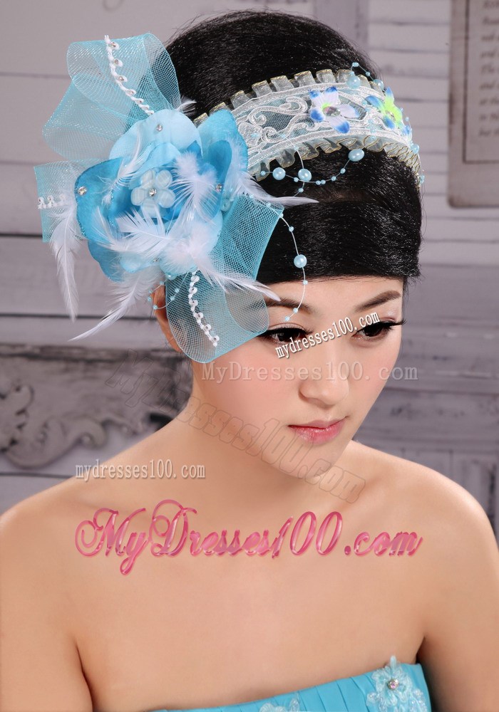 Light Blue Sweet Tulle Beading Feather Fascinator For Party