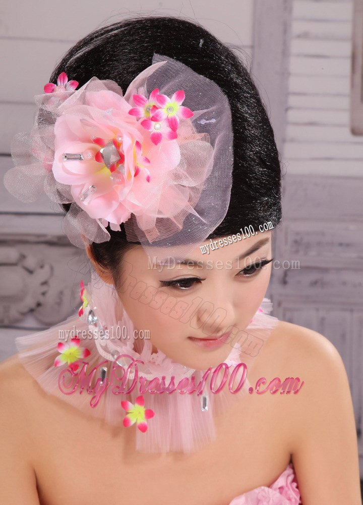 Light Pink Chiffon and Net Big Flowers With Rhinestones For Party