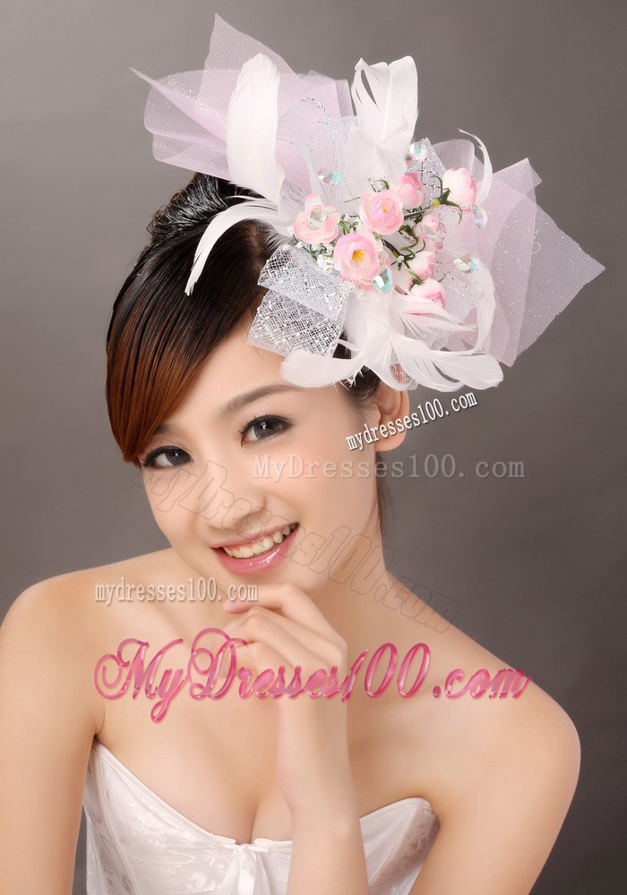 Light Pink Fashionable Tulle Feather Hand Made Flowers Beading Fascinators