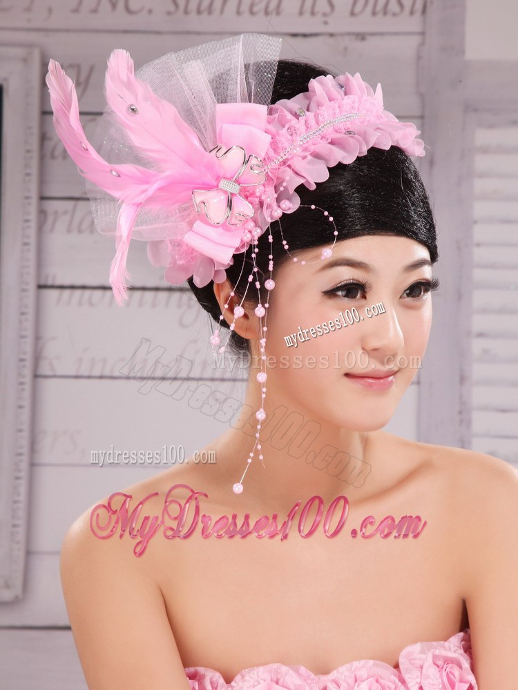 Lovely Imitation Pearls and Feather Decorate Tulle Headpices For Cocktail