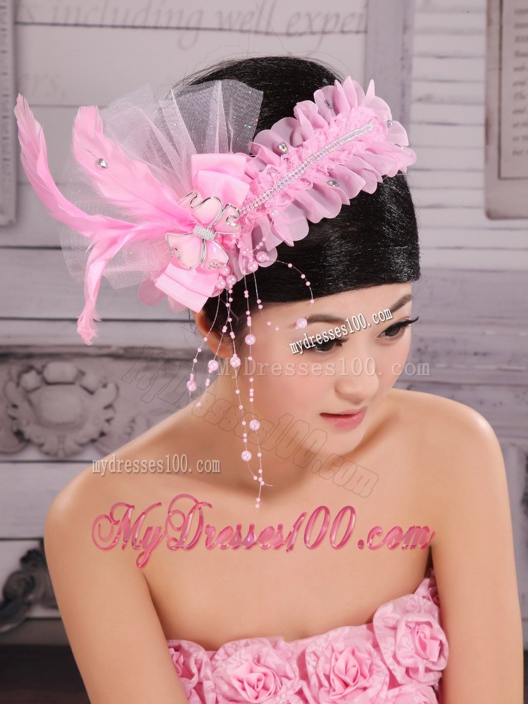 Lovely Imitation Pearls and Feather Decorate Tulle Headpices For Cocktail