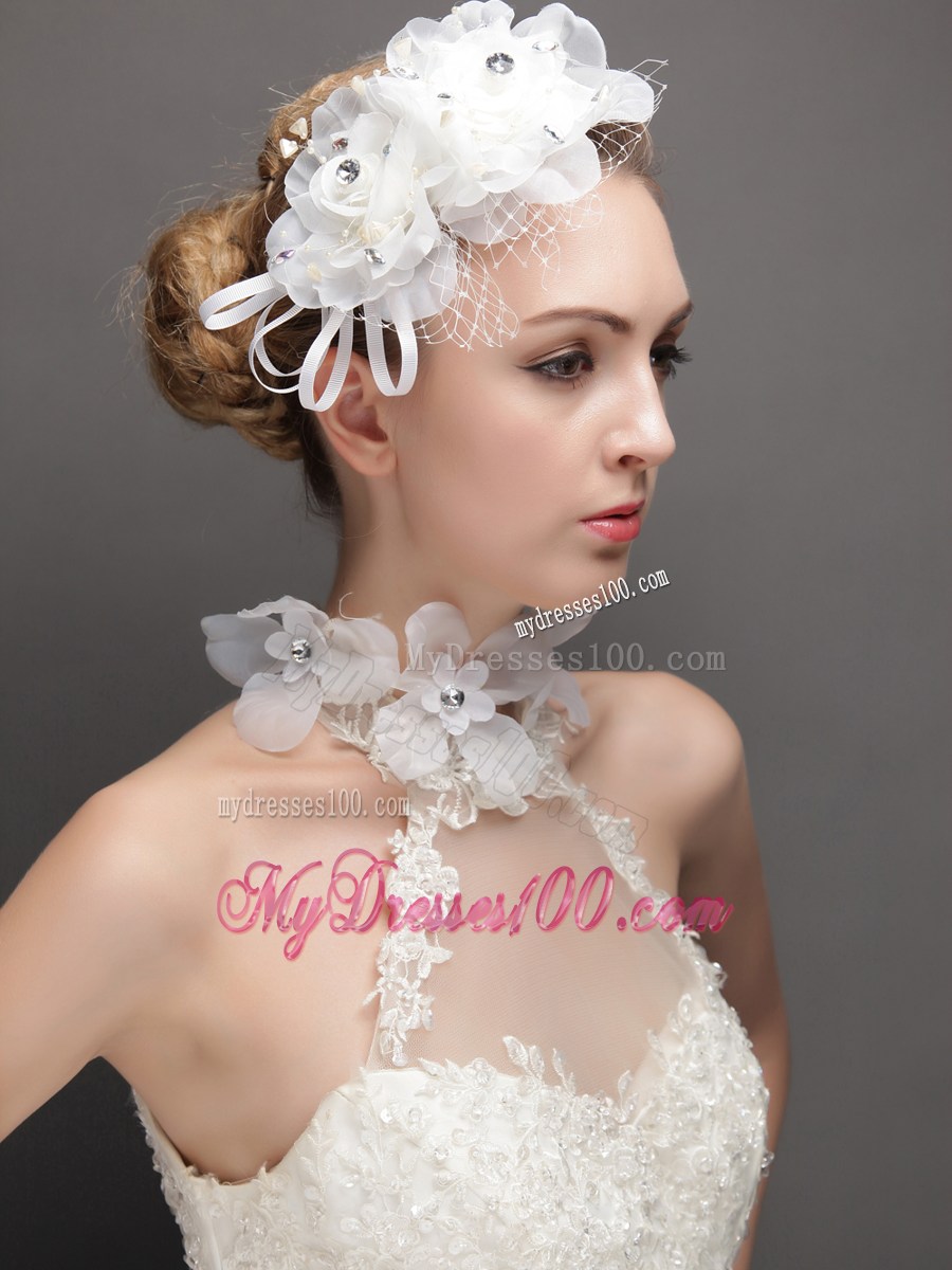 Lovely Net With Rhinestones Adorned Flowers Women 's Fascinators Floral Choker Set