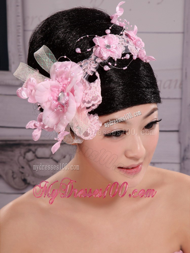Pink Chiffon Bud Silk Pearls Net Flowers For Wedding