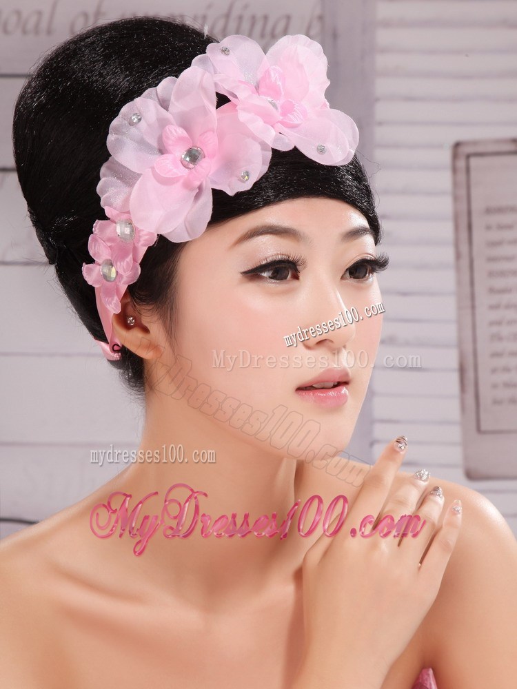 Pink Chiffon Hand Made Flowers and Beading For Headpiece