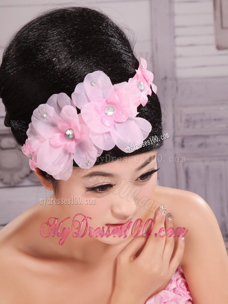 Pink Chiffon Hand Made Flowers and Beading For Headpiece