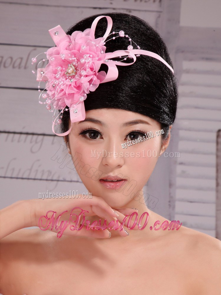 Pink Chiffon Ribbon Big Flowers With Pearls For Wedding