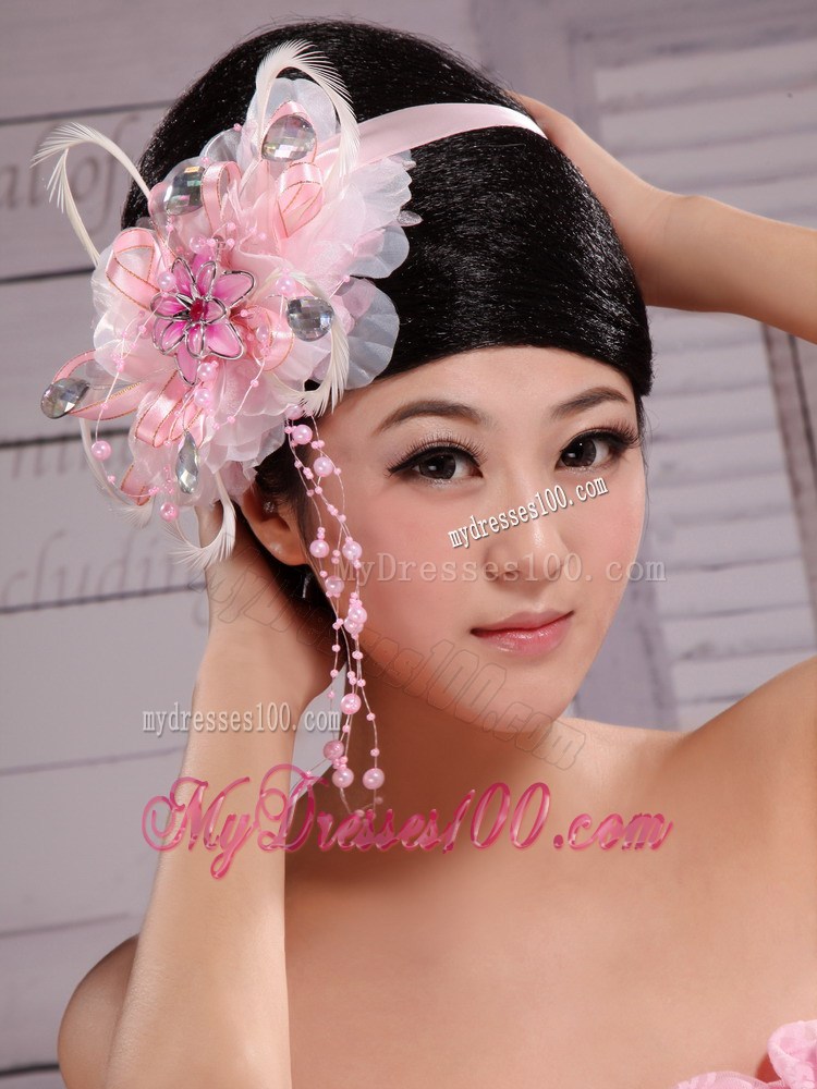 Pink Feather Rhinestones Satin Ribbon Flowers With Pearls For Bridal