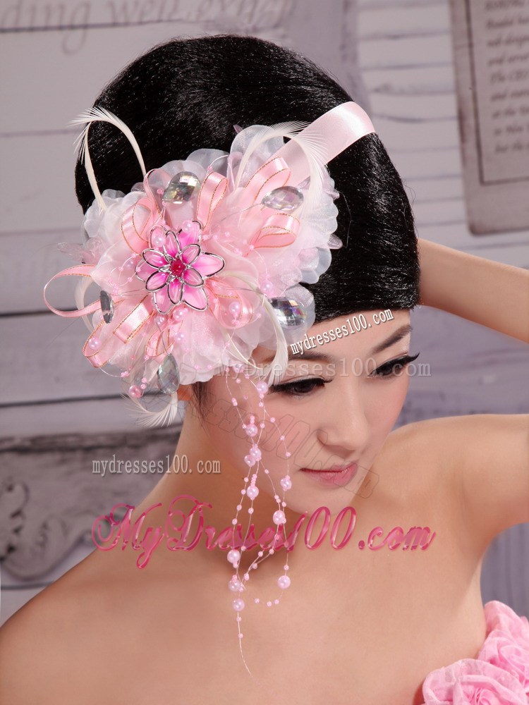 Pink Feather Rhinestones Satin Ribbon Flowers With Pearls For Bridal