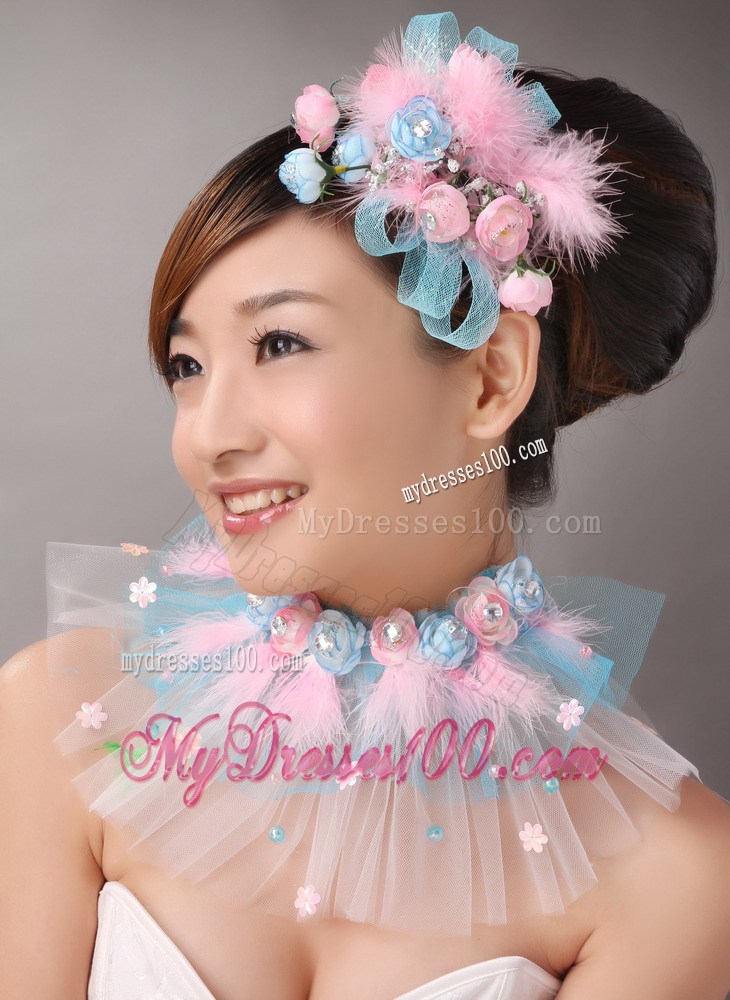 Pink Feather and Blue Net Flower Beading For Party