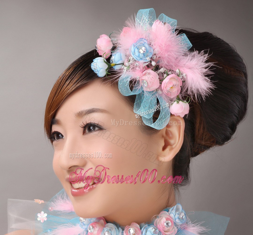 Pink Feather and Blue Net Flower Beading For Party