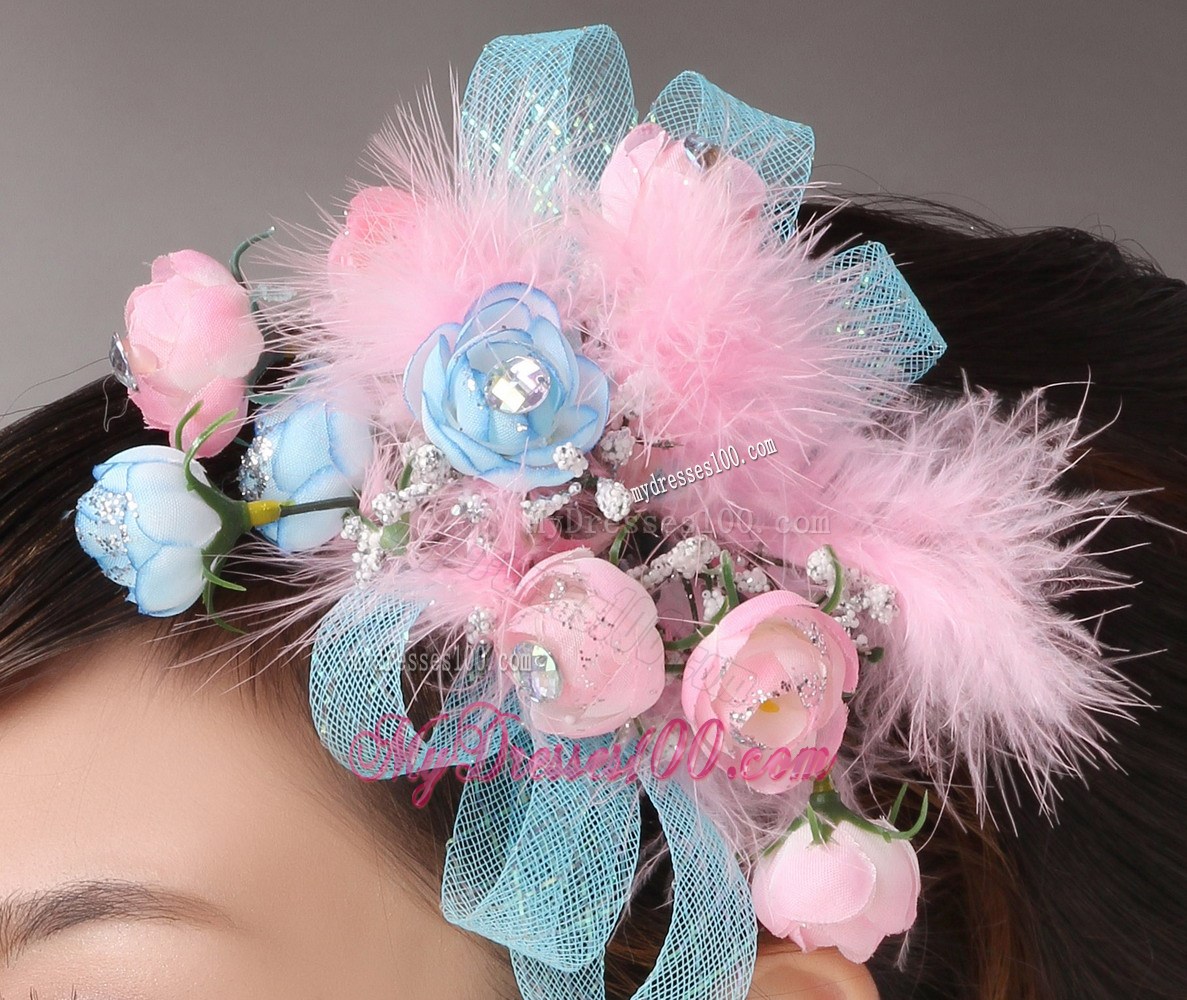 Pink Feather and Blue Net Flower Beading For Party