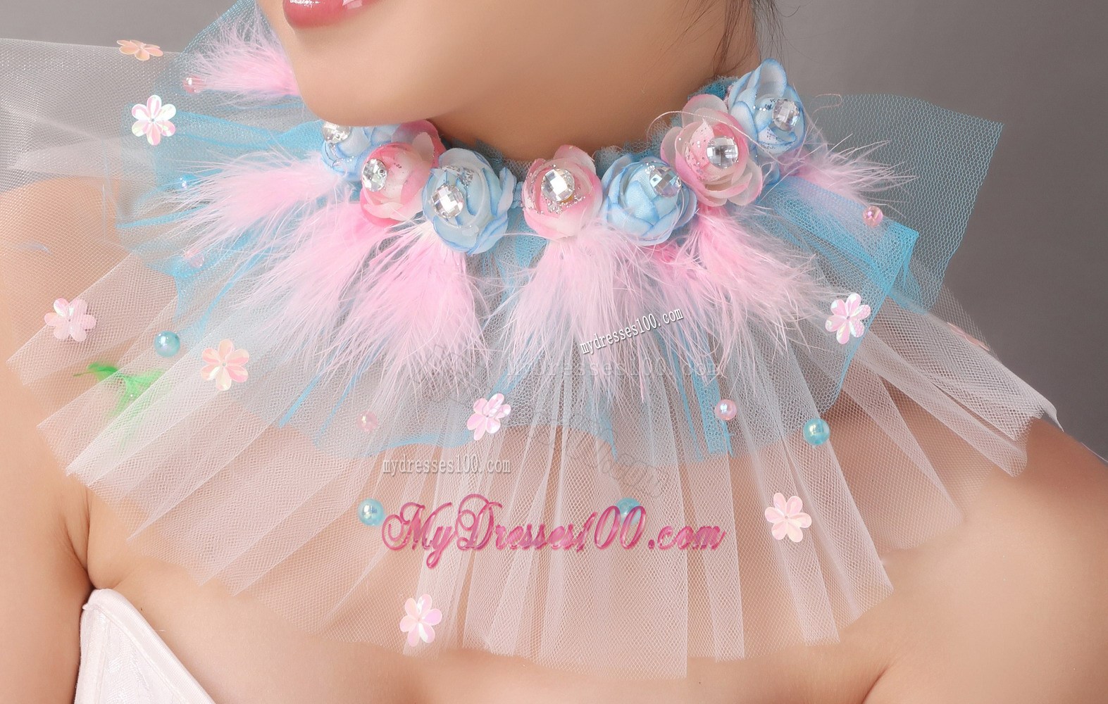 Pink Feather and Blue Net Flower Beading For Party