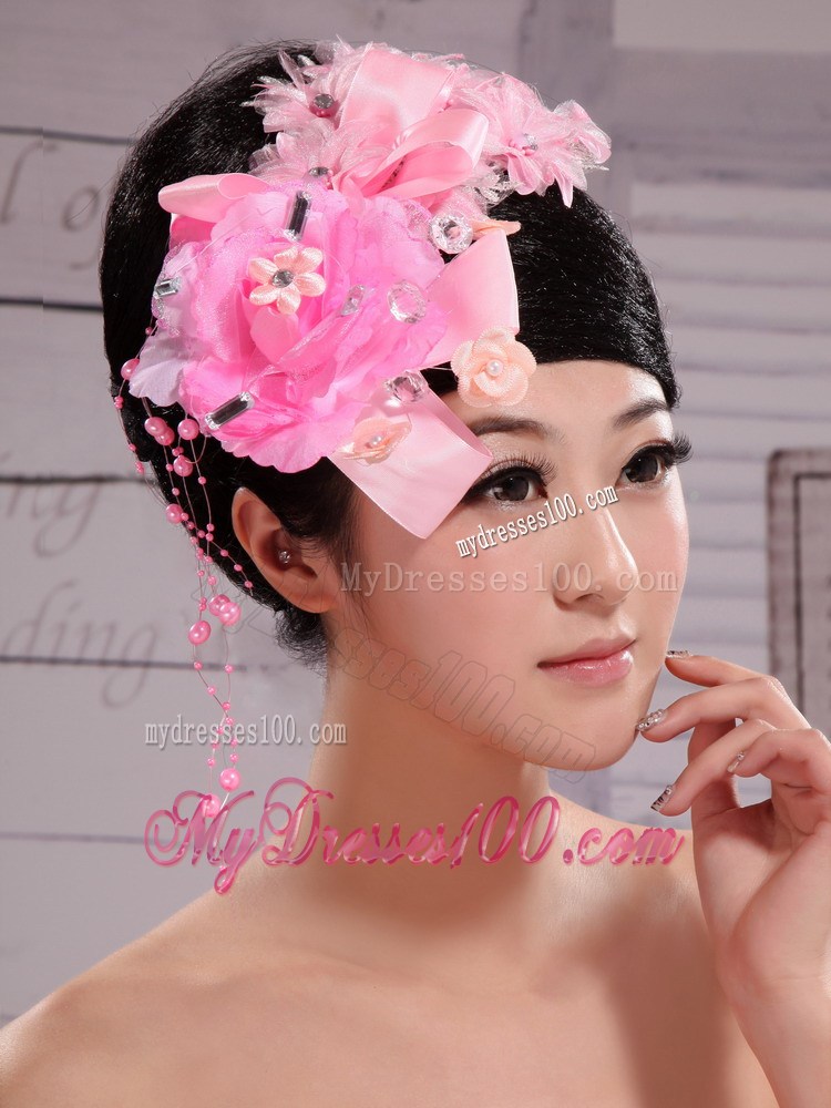 Pink Satin Ribbon Flowers With Beading For Wedding