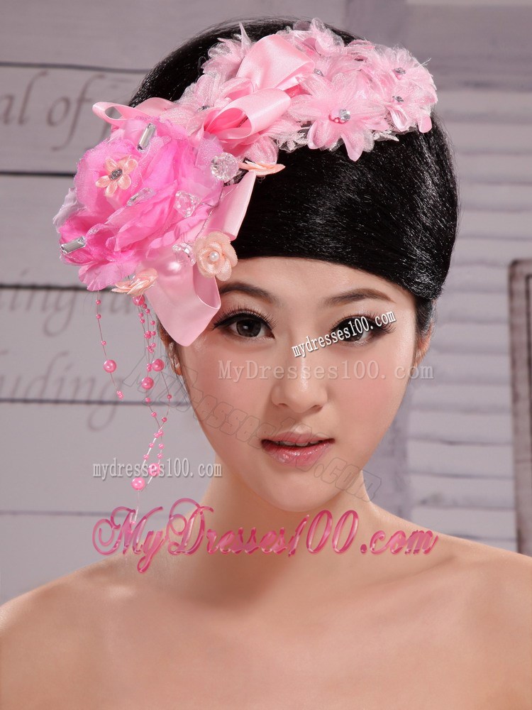 Pink Satin Ribbon Flowers With Beading For Wedding