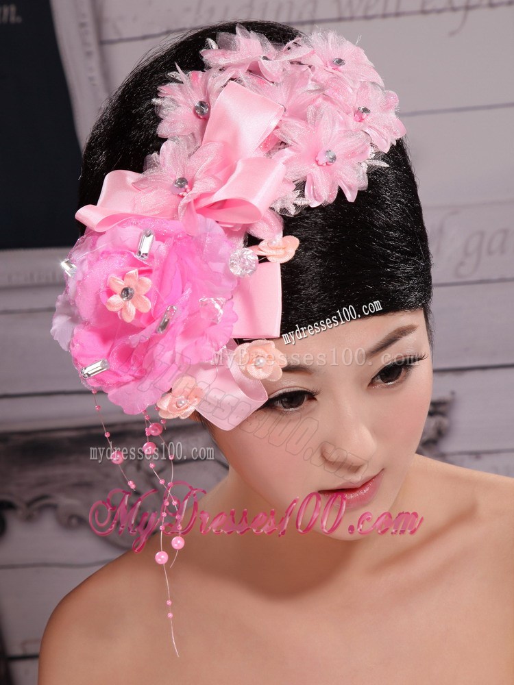 Pink Satin Ribbon Flowers With Beading For Wedding