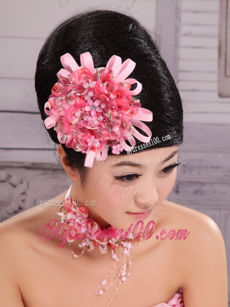 Pink Satin Ribbon and Net Flower With Pearls For Party