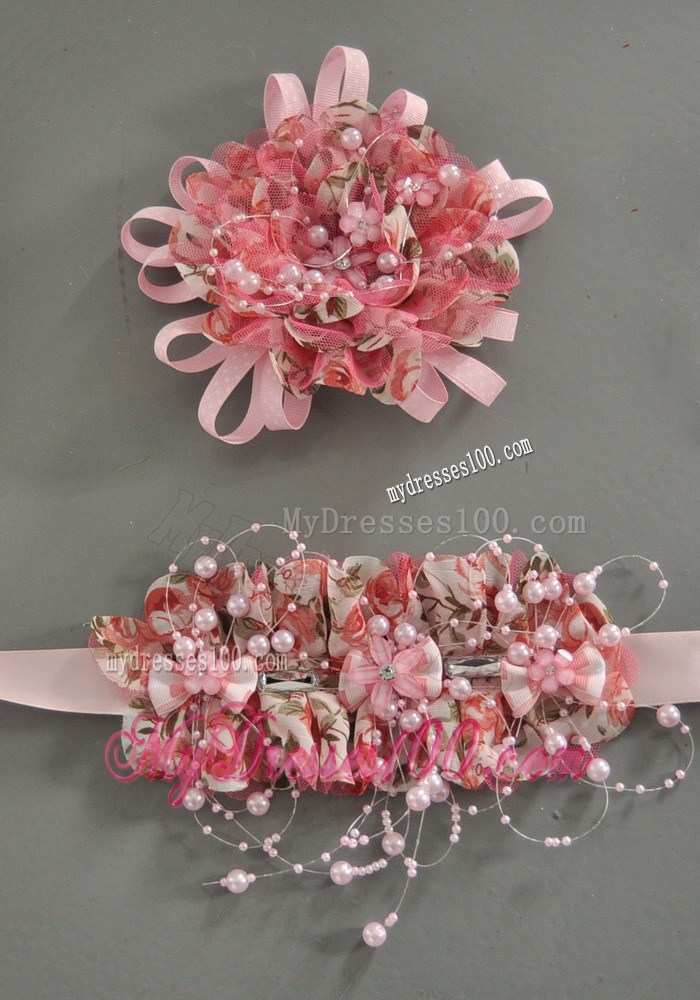 Pink Satin Ribbon and Net Flower With Pearls For Party