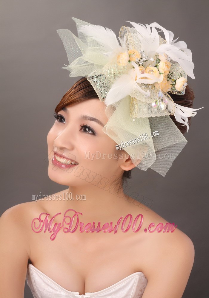 Popular Light Yellow Tulle Feather Hand Made Flowers Fascinator