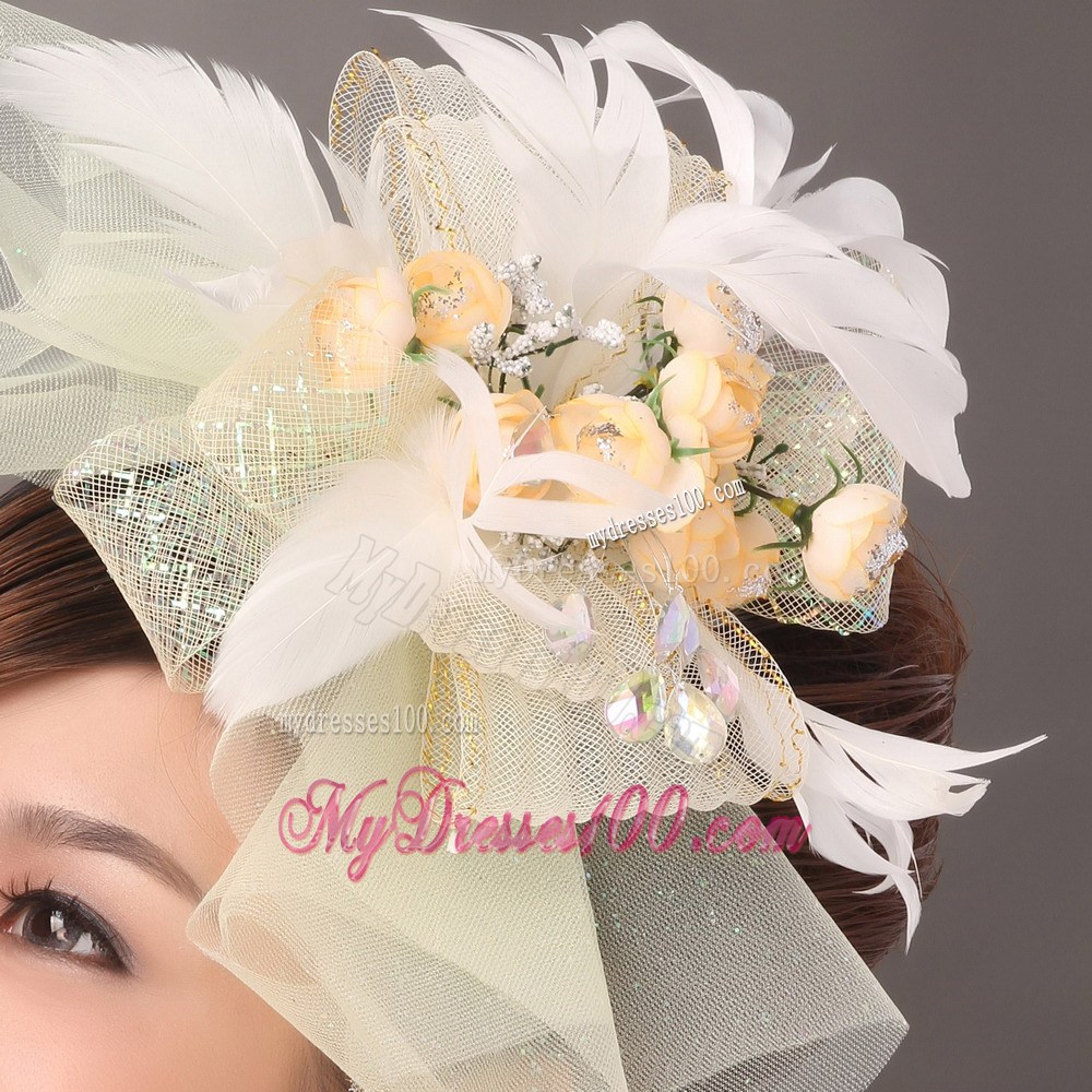 Popular Light Yellow Tulle Feather Hand Made Flowers Fascinator