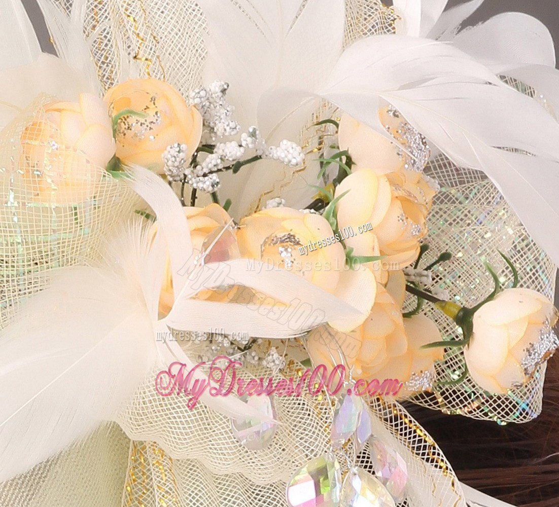Popular Light Yellow Tulle Feather Hand Made Flowers Fascinator