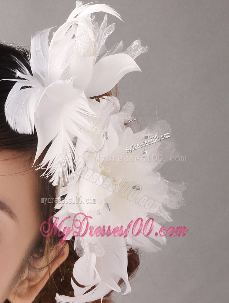 Popular White Feather Organza Flowers Fascinators and Wrist Corsage