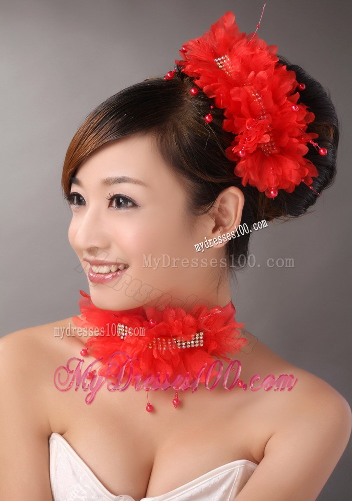 Red Chiffon Big Flowers With Beading For Wedding