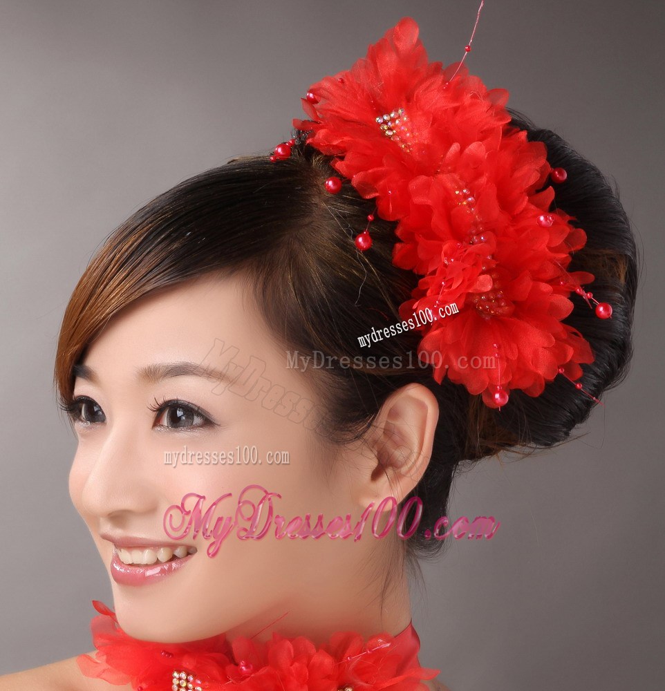 Red Chiffon Big Flowers With Beading For Wedding