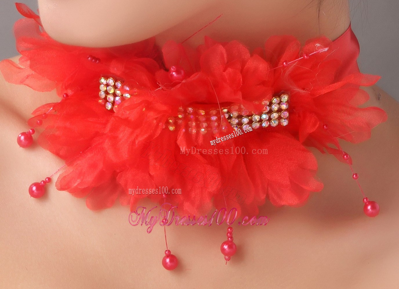 Red Chiffon Big Flowers With Beading For Wedding