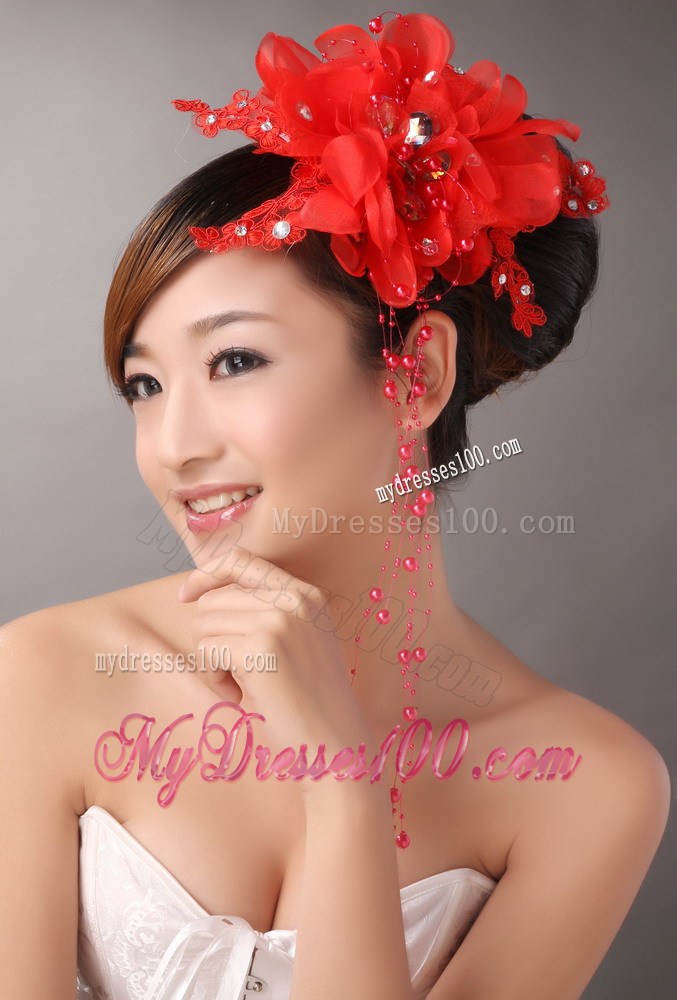 Red Chiffon Bud Silk Flowers With Beading For Party