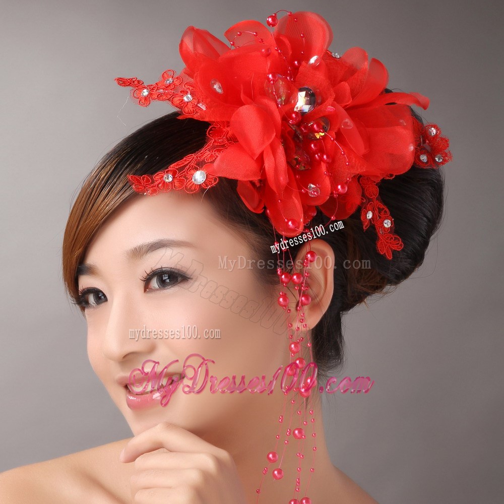 Red Chiffon Bud Silk Flowers With Beading For Party