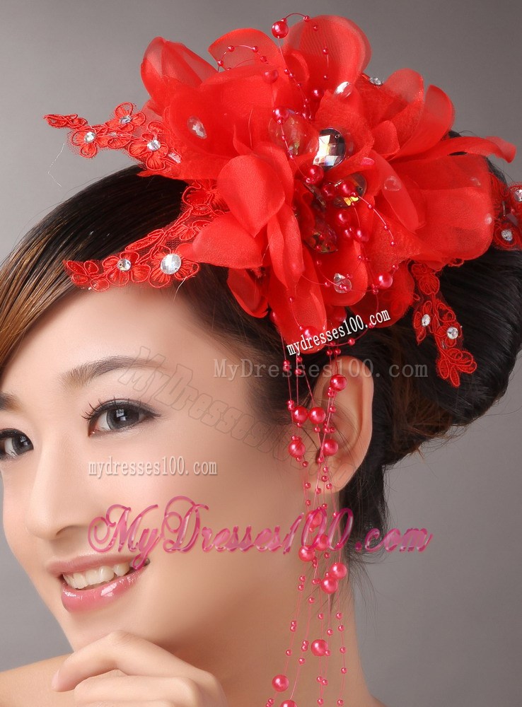 Red Chiffon Bud Silk Flowers With Beading For Party