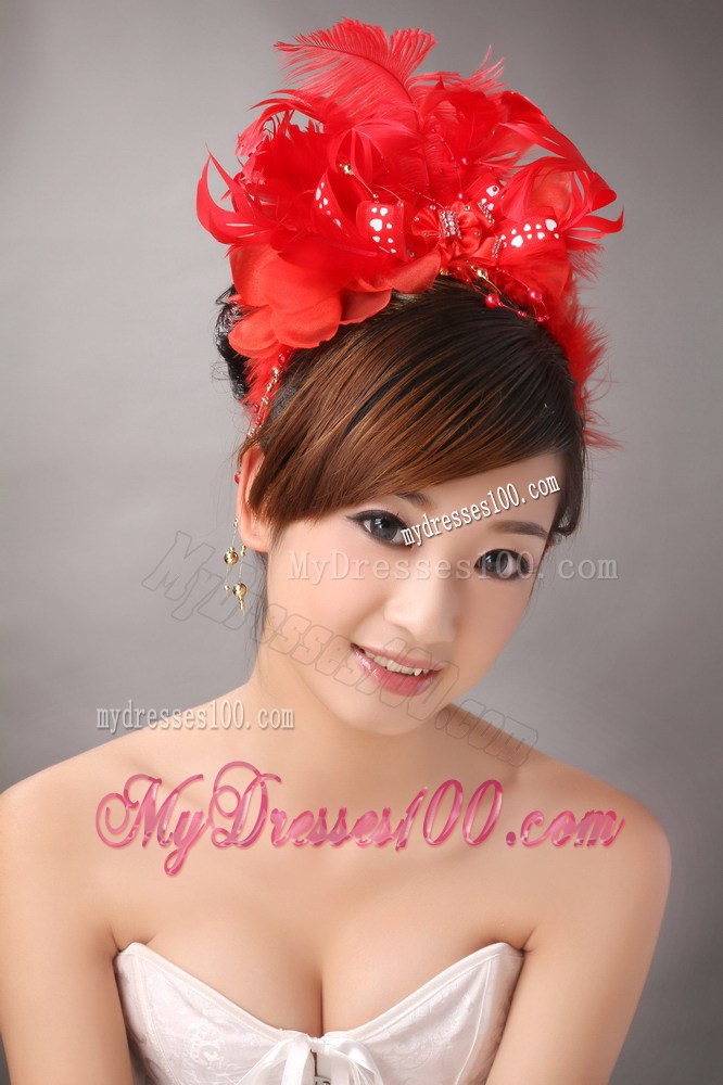 Red Chiffon Feather Big Flower With Beading For Bridal New Arrival