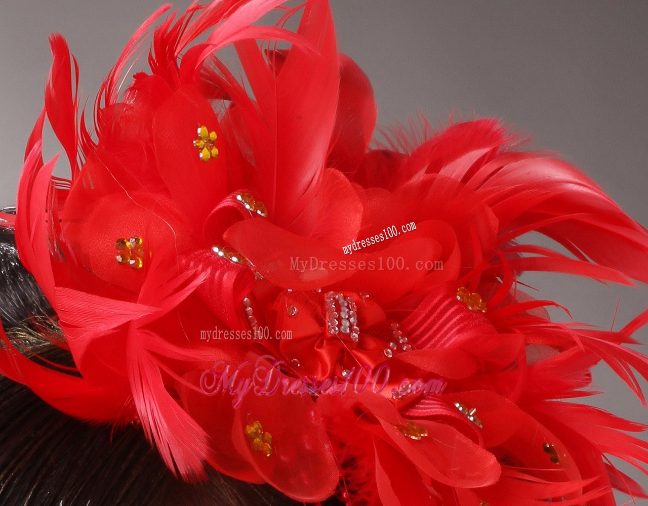 Red Custom Made Headpieces With Beaded Decorate Feather
