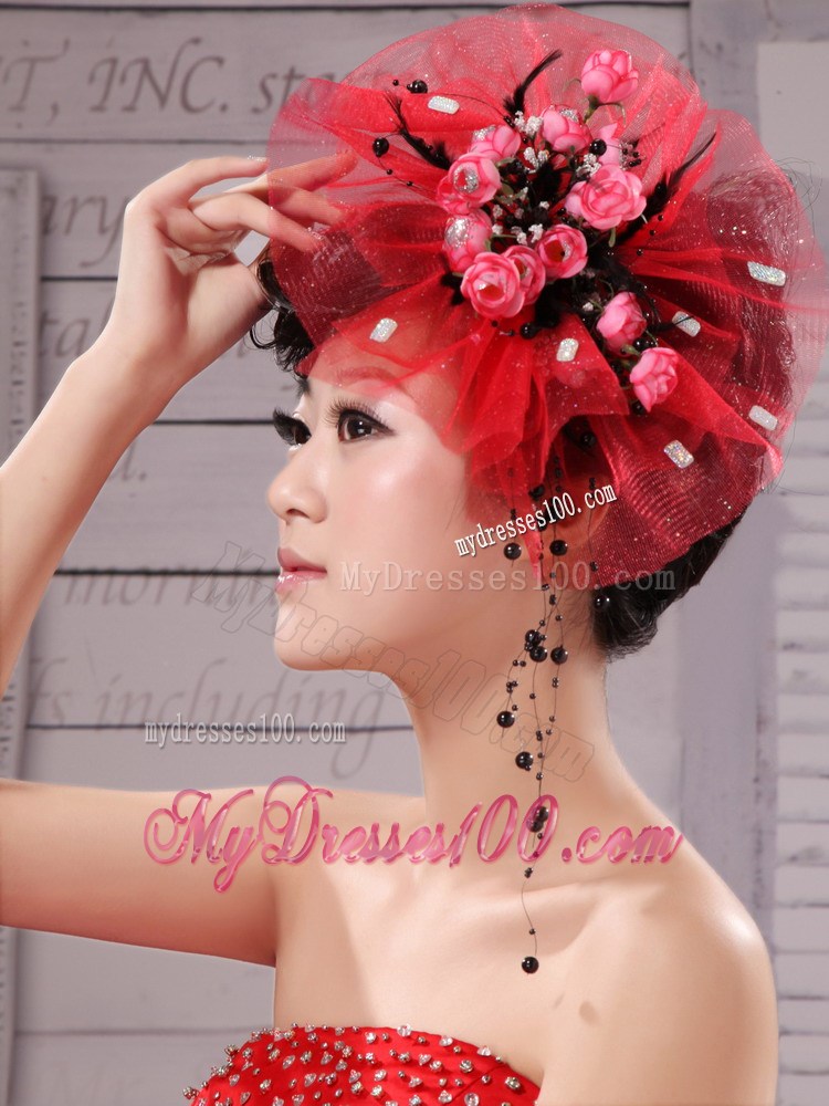 Red Fascinators Tulle Hand Made Flowers Outdoor and Special Occasion