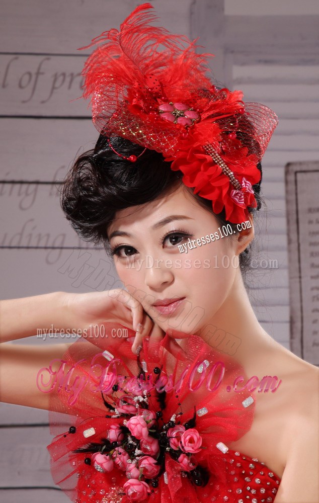 Red Hairpins Birdcage Veils Tulle Feather Outdoor and Special Occasion and Outdoor