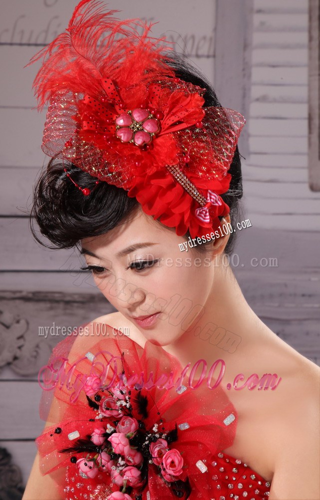 Red Hairpins Birdcage Veils Tulle Feather Outdoor and Special Occasion and Outdoor
