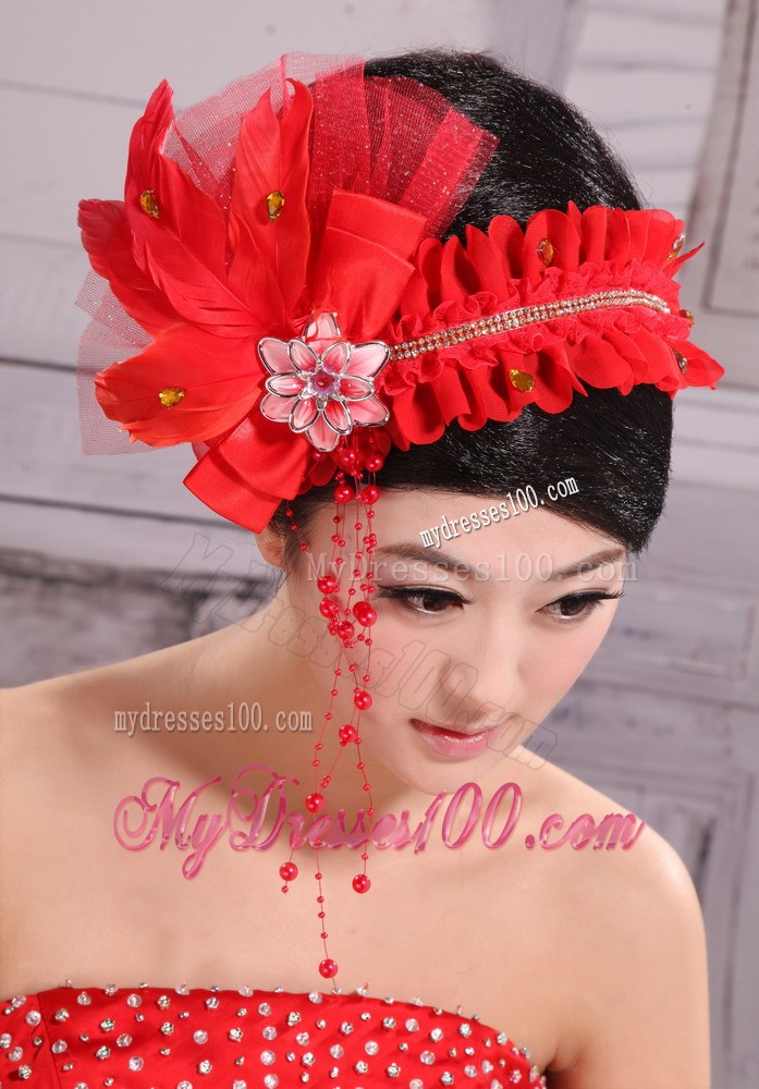Red Headpiece For Bride Pearl Headdress Feathers
