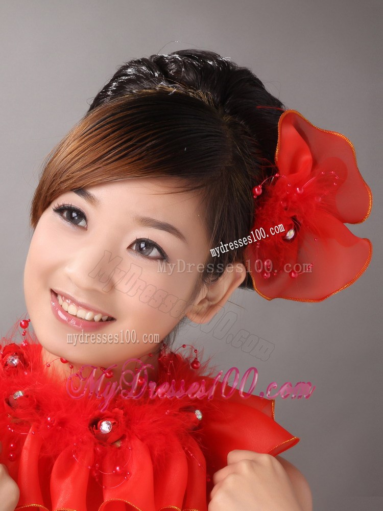 Red Organza Hearpices With Imitation Feather Rhinestones Decorate