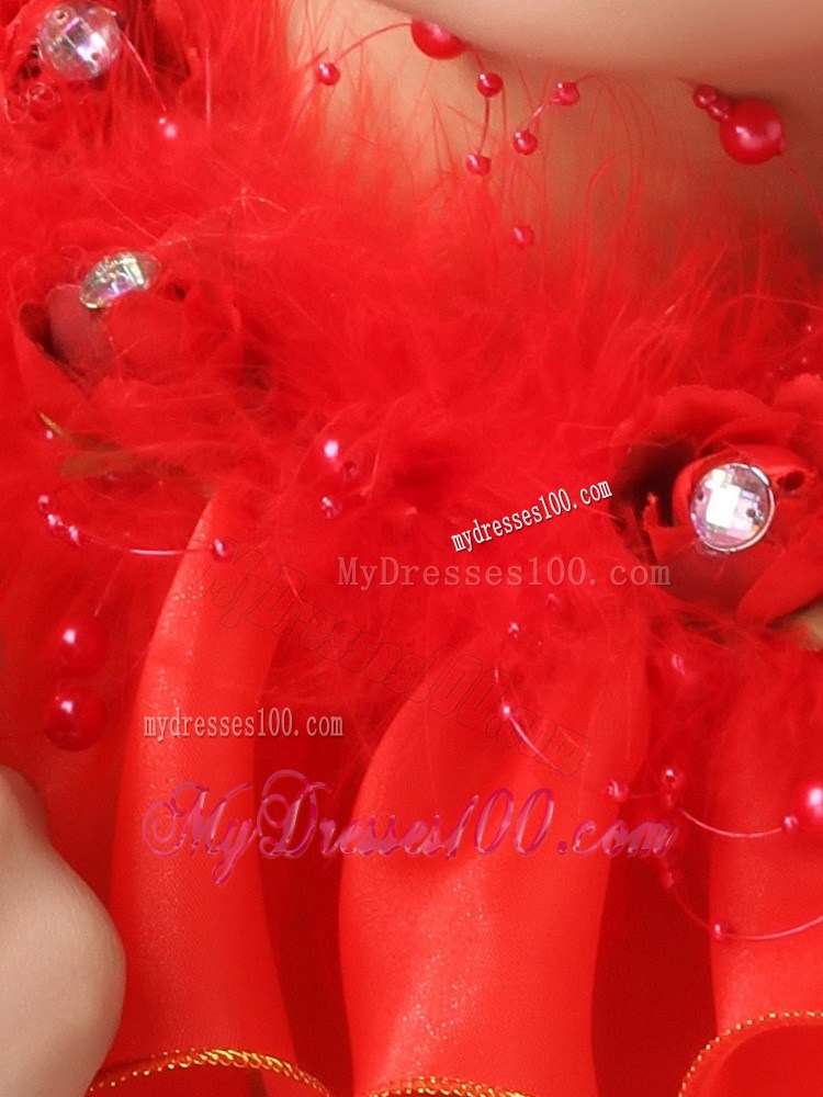 Red Organza Hearpices With Imitation Feather Rhinestones Decorate