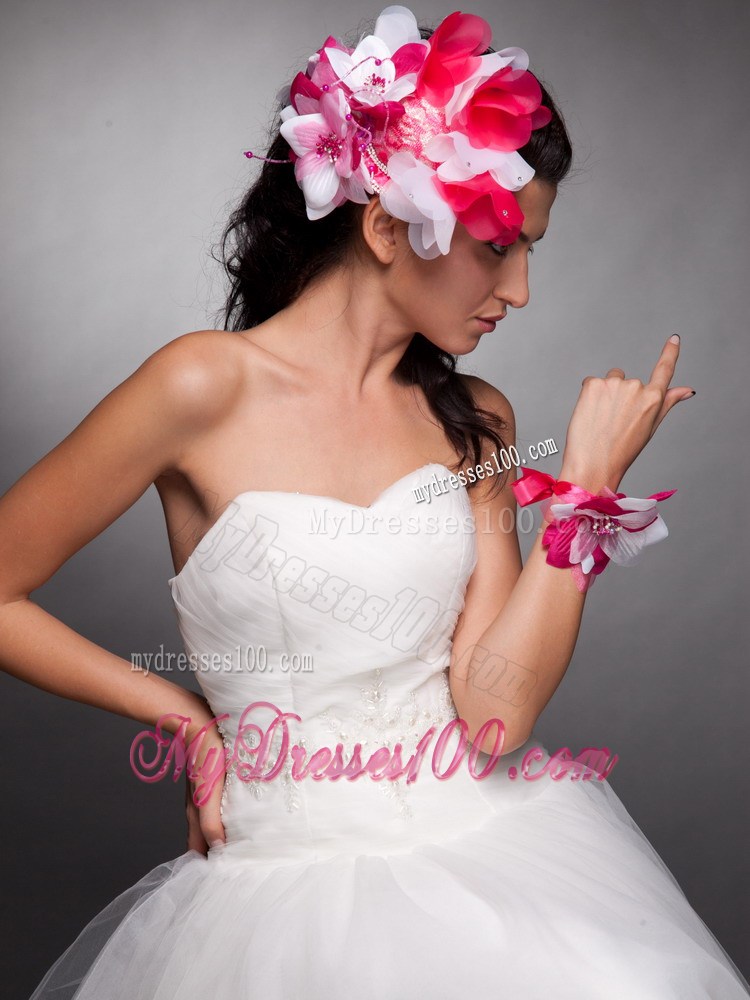 Red and White Organza Hand Made Flowers Beaded Headpieces and Wrist Corsage
