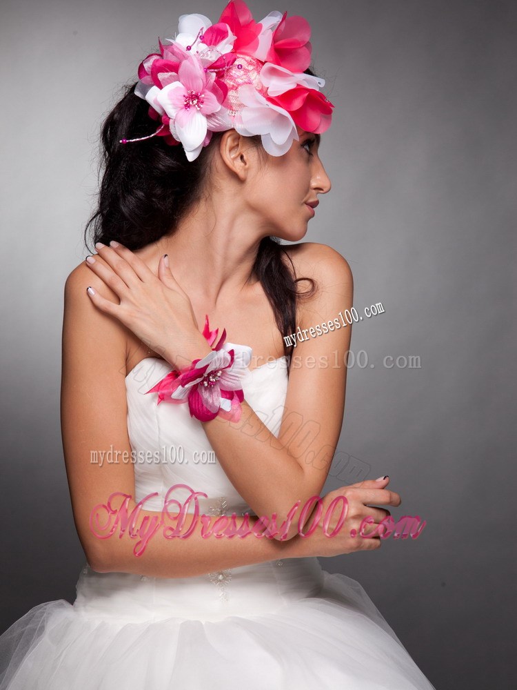 Red and White Organza Hand Made Flowers Beaded Headpieces and Wrist Corsage