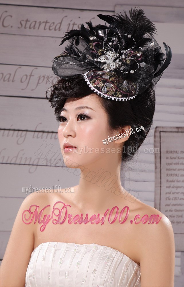Special Hat Hairpin Feather Tulle Black Outdoor and Wedding
