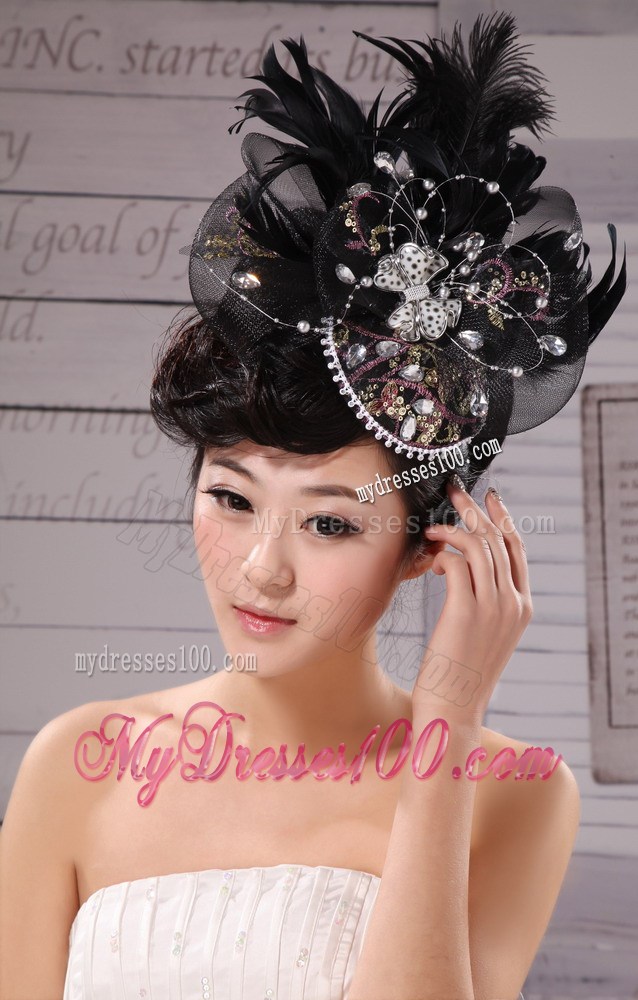 Special Hat Hairpin Feather Tulle Black Outdoor and Wedding