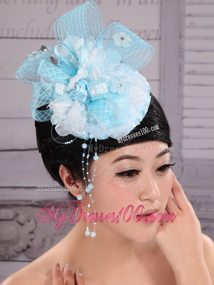 Tulle Aqua Blue Fully Handmade Headpices With Rhinestones and Flowers Decorate For Party